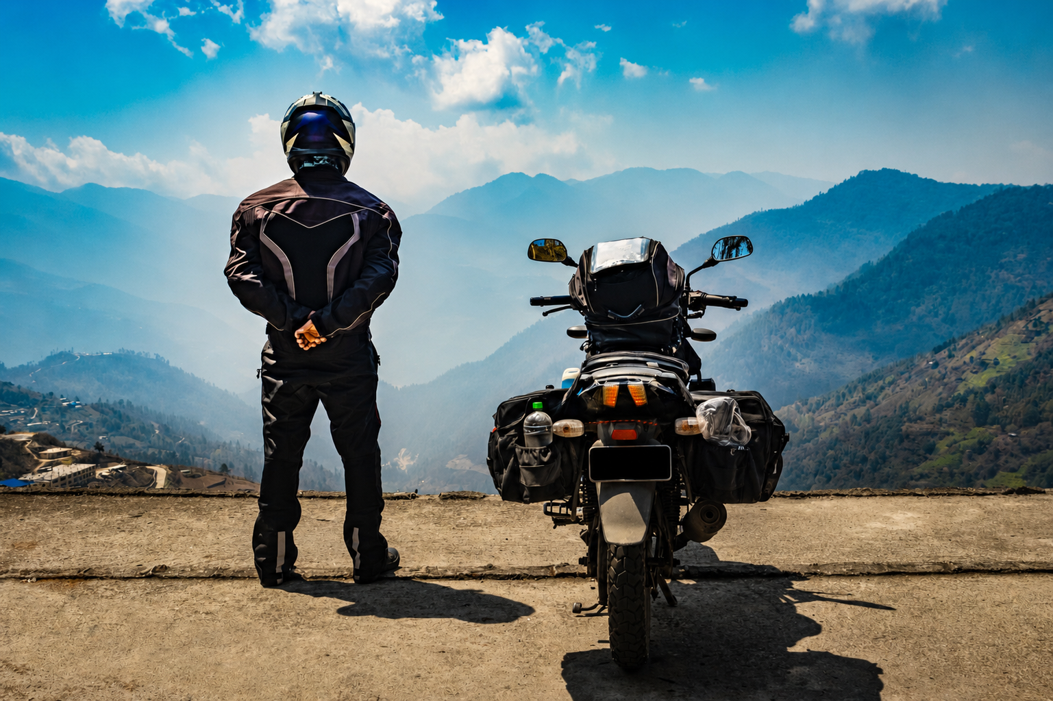 Adventure motorcyclist standing beside a touring bike with a tank bag in the mountains, showcasing practical motorcycle tank bag features for long rides.